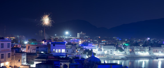 Fireworks on holy Pushkar lake, Rajasthan, India.