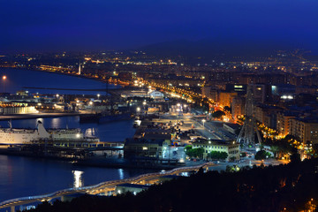 Panoramic view of Malaga port at night Spain