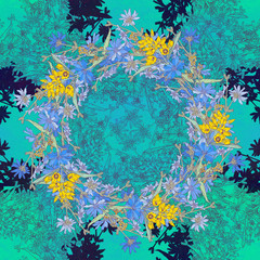 Fototapeta na wymiar Seamless pattern with chicory. Round kaleidoscope of flowers and floral elements