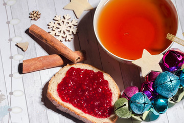 Morning with tea and raspberry jam