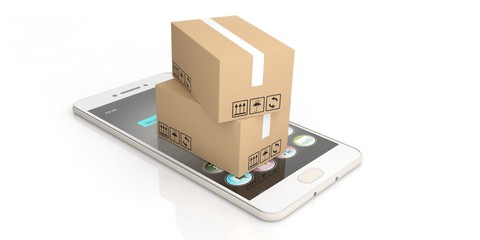 Moving boxes on smart phone and white background. 3d illustration