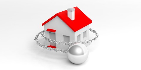 Wrecking ball and small house. 3d illustration