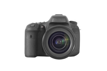Isolated DSLR professional photo camera with a 35 mm lens 