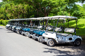 Golf carts waiting for service at the golf course
