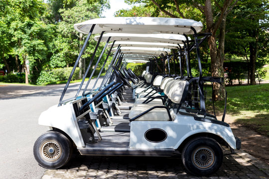 Golf carts waiting for service at the golf course