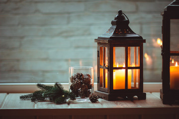 Christmas lanterns with candles. Christmas decor. Greeting Card.