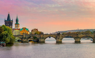Fototapeta na wymiar Big Panorama of Charles bridge in Prague, Czech republic, Europe