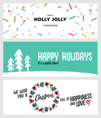 Set of Christmas and New Year social media banners. Hand drawn vector illustrations for website and mobile banners, internet marketing, greeting cards and printed material design.