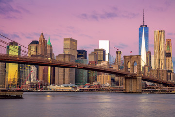 Sunrise colors of Brooklyn Bridge and  Manhattan, New York City,