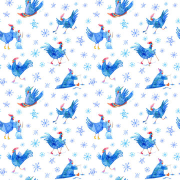 Seamless pattern with comic rooster on skates,skiing,snowman,hockey,fishing,sled and snowflake.Symbol of the new year 2017.Watercolor hand drawn illustration.White background.