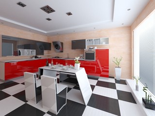 Modern red kitchen in hi-tech style.