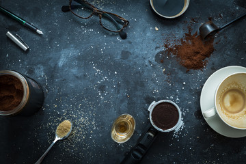Cafe table - espresso accessories, empty coffee cup