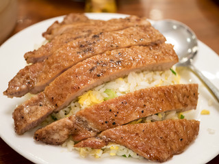 Closeup of fired rice with pork shop fired, Taiwan food 1