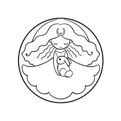 Fototapeta premium Cute little moon princess girl holding a rabbit. Round sketch in black, isolated on white background.