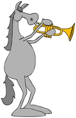 Illustration of a gray horse playing a brass trumpet. © Dennis Cox