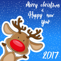 Merry Christmas and Happy New Year 2017 banner. Cute deer on background snowflakes. Hand drawn lettering. Cartoon style. Concept design poster, greeting card or flyer. Vector illustration