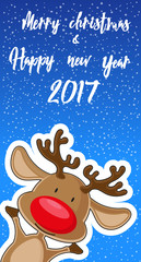 Merry Christmas and Happy New Year 2017 banner. Cute deer on background snowflakes. Hand drawn lettering. Cartoon style. Concept design poster, greeting card or flyer. Vector illustration