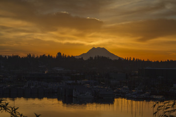 Sunrise behind Mt Rainier from Olympia, WA