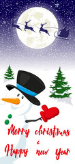 Merry Christmas and Happy New Year banner. Snowman, silhouettes fly deers and Santa Claus in sleigh on background moon. Concept design greeting card, flyer, poster. Cartoon style. Vector illustration
