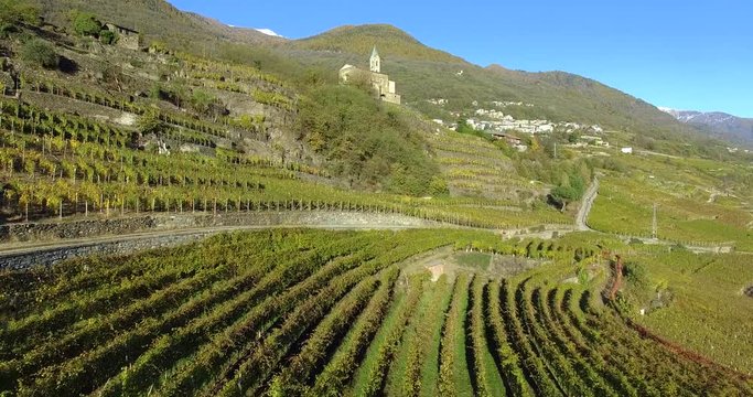 Aerial 4k - Sondrio - Valtellina (IT) - Panoramica dei vigneti del Grumello