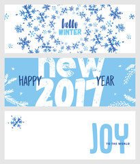 Set of Christmas and New Year social media banners. Hand drawn vector illustrations for website and mobile banners, internet marketing, greeting cards and printed material design.