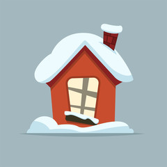 Cartoon Winter house. Vector image of the red brick christmas houses covered with snow.