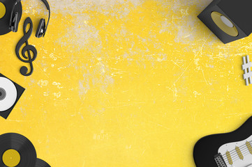 Musik hören und Musik machen - Equipment auf gelber Grunge-Wall mit Textfreiraum