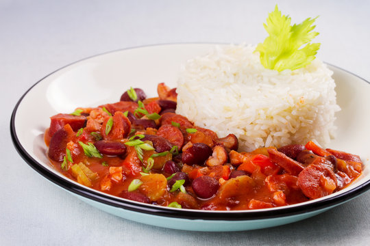 Red Beans with Sausages, Pancetta, Celery Stalks and Rice