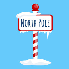 christmas icon north pole sign with snow and ice, winter holiday xmas symbol, cartoon banner