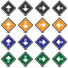 Collection of 16 isolated multicolor icons (buttons) on white background with shadows - up arrow, down arrow, right arrow, left arrow 