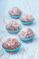 Handmade moroccan coconut snow balls on wooden table