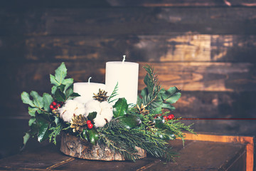 Candles and Christmas decorations.