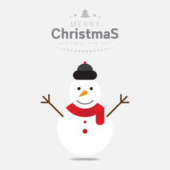 Merry Christmas and Happy New Year greeting card with snowman. Vector illustration.