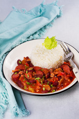 Red Beans with Sausages, Pancetta, Celery Stalks and Rice