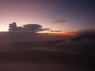 Beautiful sunrise on the volcano. View of Agung volcano from the peak of Batur. Indonesia, Bali.