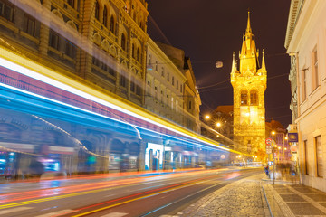 Luminous track from the tram near Jindrisska Tower in Old Town of Prague, Czech Republic