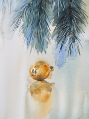 Christmas tree decoration yellow watercolor illustration