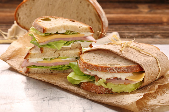 Fresh sandwich with ham cheese and lettuce