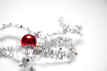 Red Christmas balls and silver ribbon