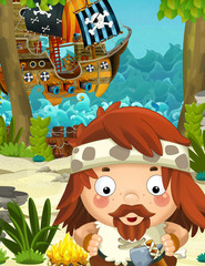 Cartoon caveman on the shore - pirate ship on the water - captain of the ship - illustration for children