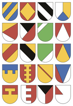 Set of colorful templates for coats of arms. Collection of twent