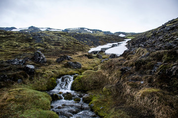 Fototapeta na wymiar Landscape Iceland green grass snow Waterfall