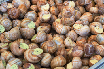 Cooked snails delicacy. French cuisine stuffed snails