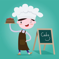Cute Little chef of Cake, bakery. Vector cartoon