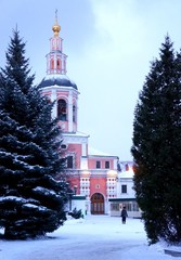 Bell tower of St. Daniel Monastery in Moscow. Winter evening in Svyato-Danilov Monastery  in...