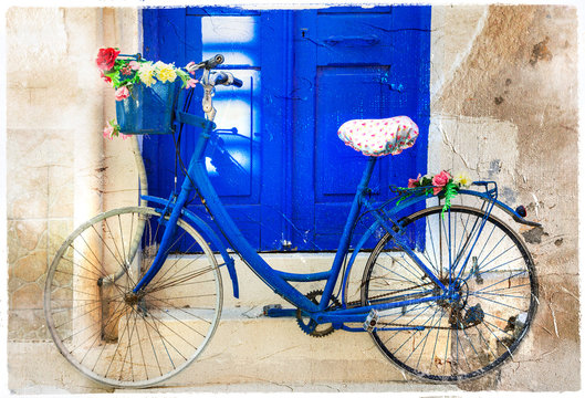 charming floral street decoration with old bike. Retro picture