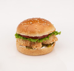 cheeseburger with a chicken on a white background with shadow closeup