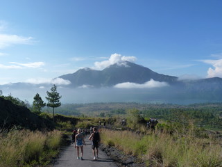 Beautiful sunrise on the volcano. View of Agung volcano from the peak of Batur. Indonesia, Bali.