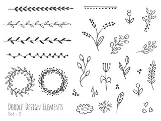 Collection of hand drawn doodle design elements isolated on white background. Set of handdrawn borders, laurel wreaths, floral dividers, ribbons. Abstract hand sketched shapes. Vector illustration.