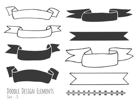 Collection of hand drawn doodle design elements isolated on white background. Set of handdrawn borders, ribbons, banners. Abstract hand black sketched shapes. Vector illustration.